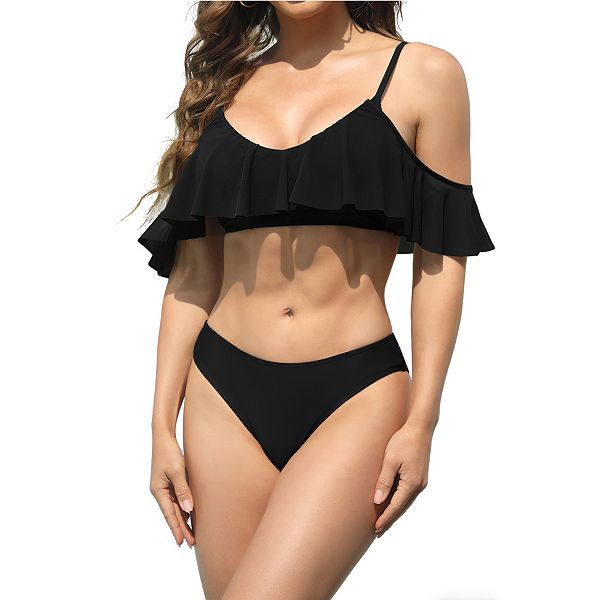

Женский бикини с рюшами и открытыми плечами и высокими трусиками Clearflower, Black, Черный, Женский бикини с рюшами и открытыми плечами и высокими трусиками Clearflower, Black