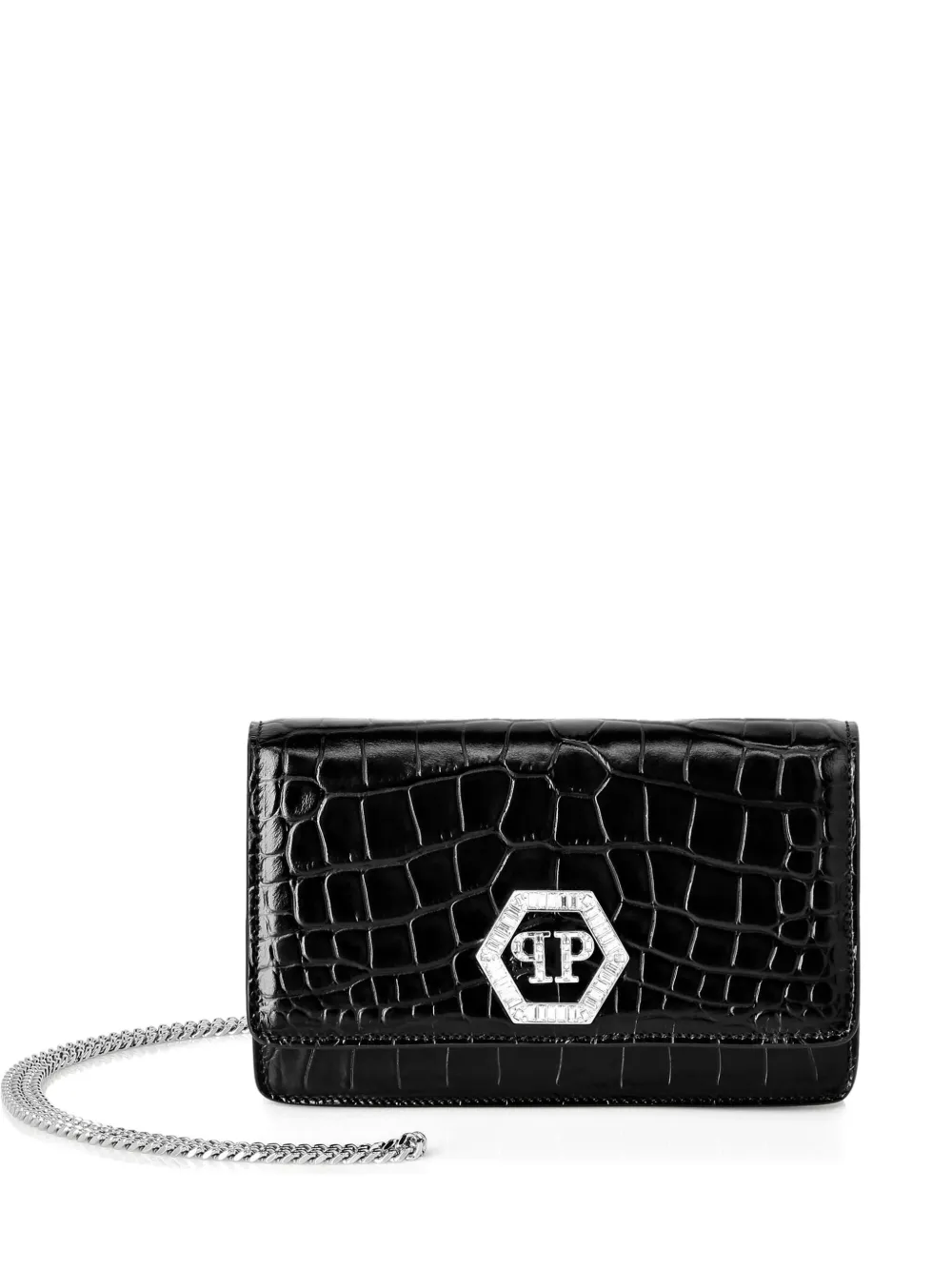 

Клатч с тиснением под кожу крокодила и кристаллами Philipp Plein, черный