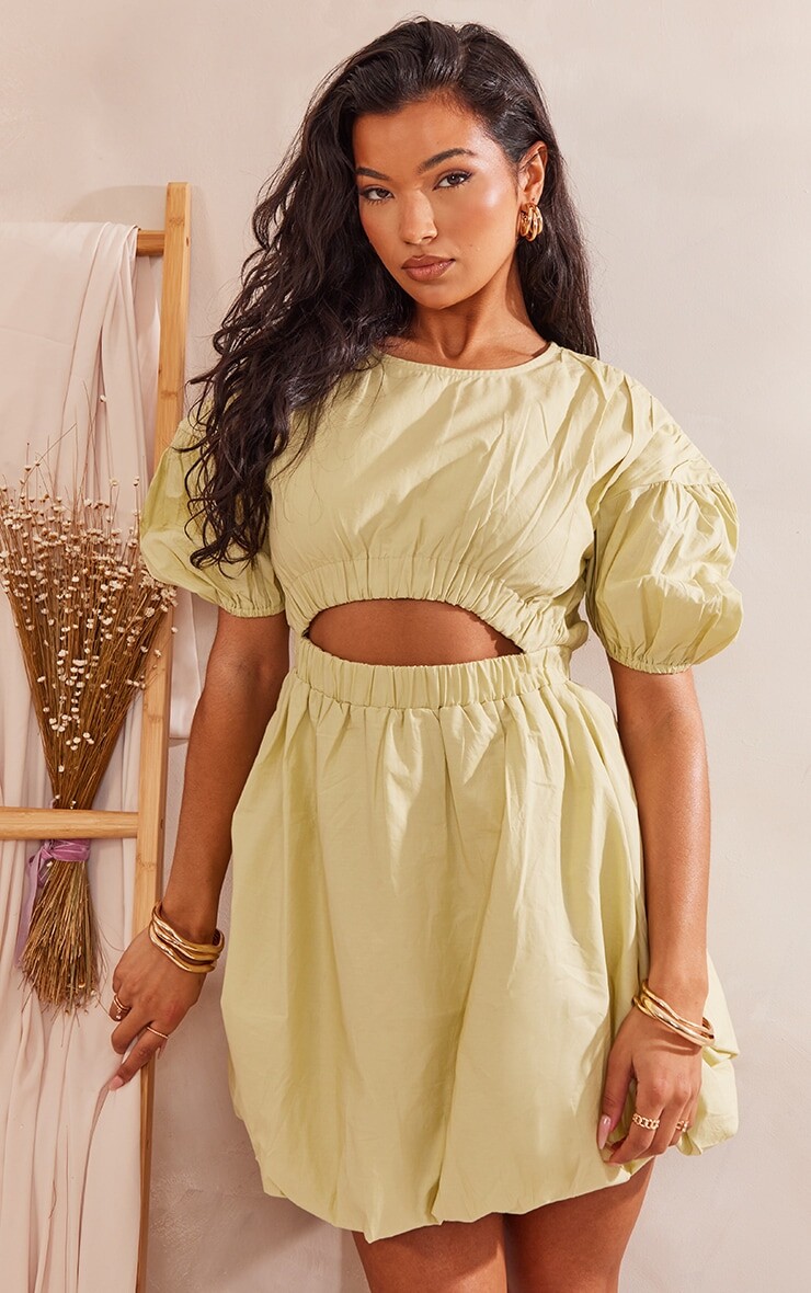 

PrettyLittleThing Платье прямого кроя из хлопкового поплина Sage с объемными рукавами