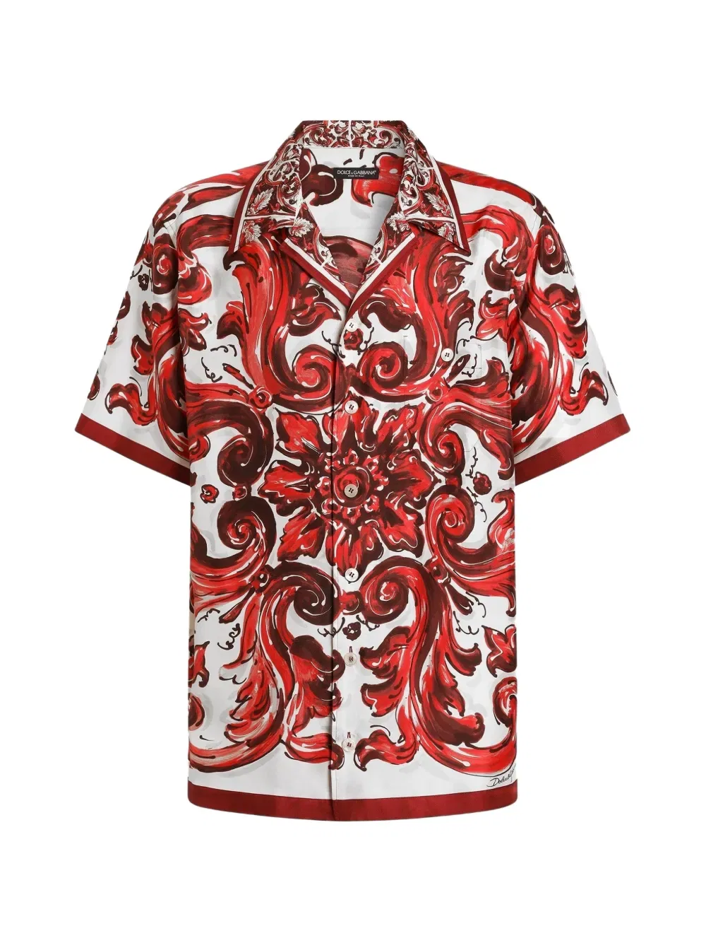 Гавайская рубашка из шелковой саржи с майоликовой печатью Dolce & Gabbana, белый