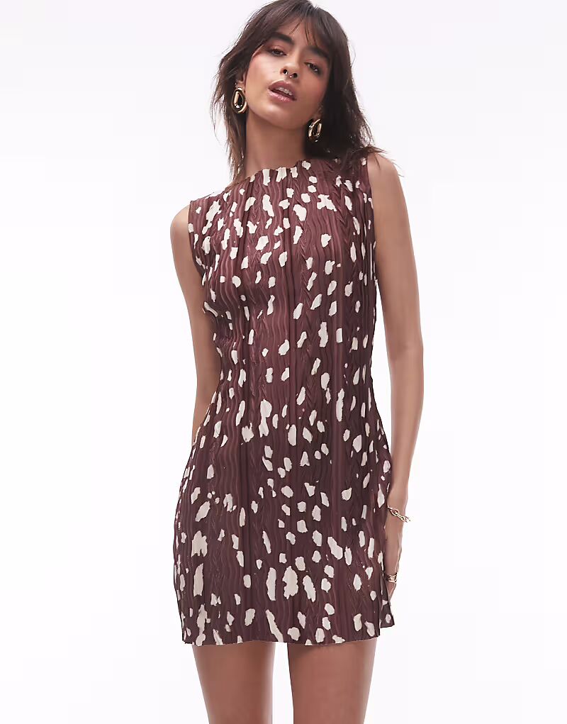 

Мини-платье плиссе Topshop с абстрактным животным принтом коричневого цвета
