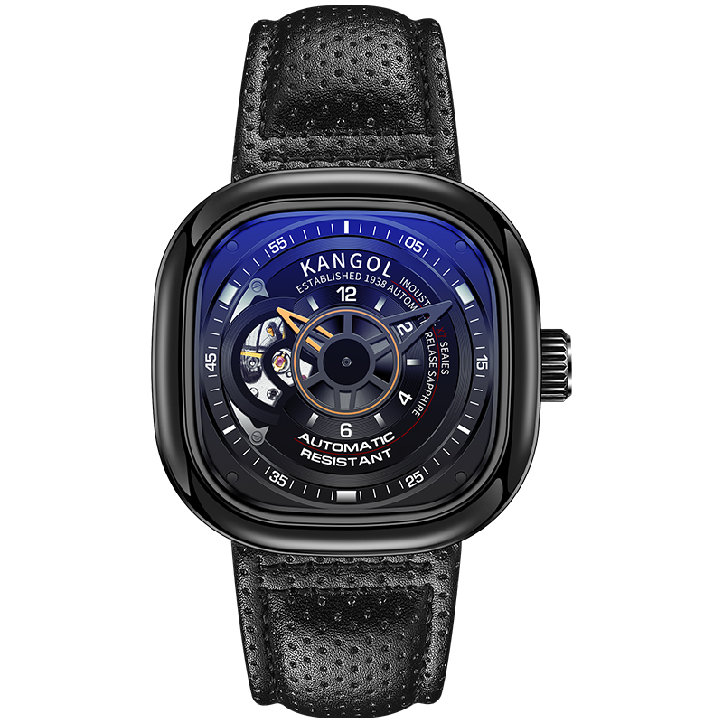 

KANGOL Часы Black Friday Automatic Mechanical Movement Genuine Leather Strap Watch Men's Watch Cut-Out Dial