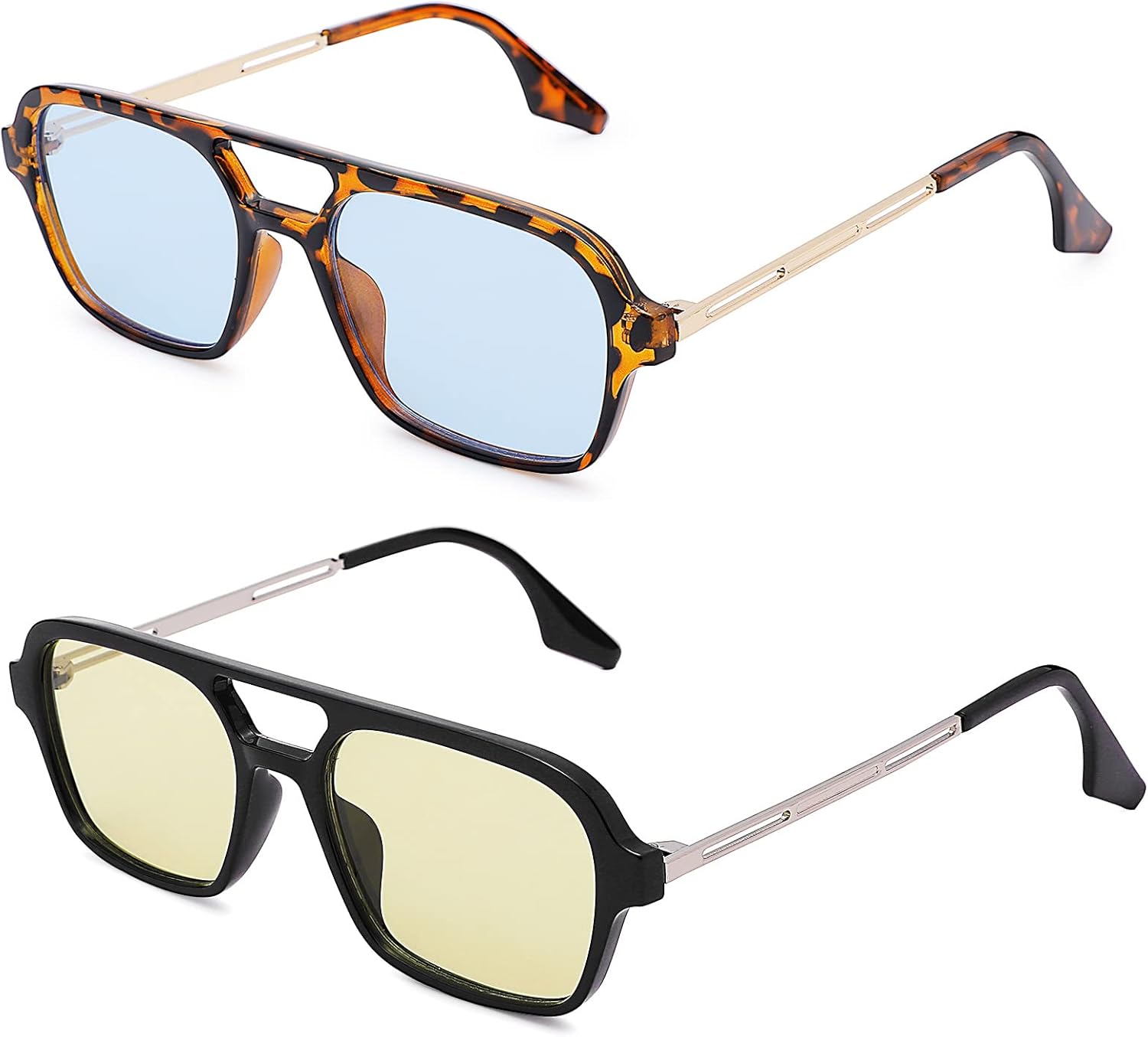 

COASION Винтажные солнцезащитные очки-авиаторы в стиле 70-х годов, маленькая оправа, для женщин и мужчин, квадратный металлический дизайн, защита от УФ-излучения UV400, A5 Tortoise Frame/Blue Lens + Black Frame/Light Yellow Lens