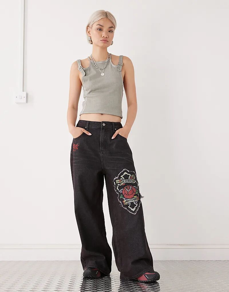 

Женские джинсы Ed Hardy с аппликацией, мешковатые, черного цвета