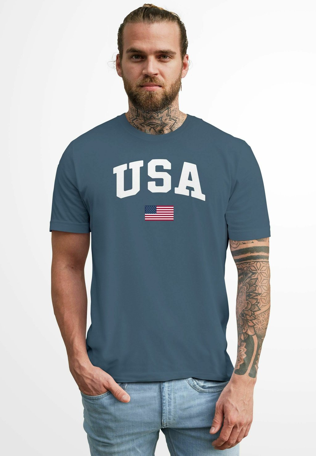 

Футболка с принтом USA SCHRIFTZUG COLLEGE RETRO US FLAGGE AMERIKA FASHION STREETSTYLE Neverless, синий деним
