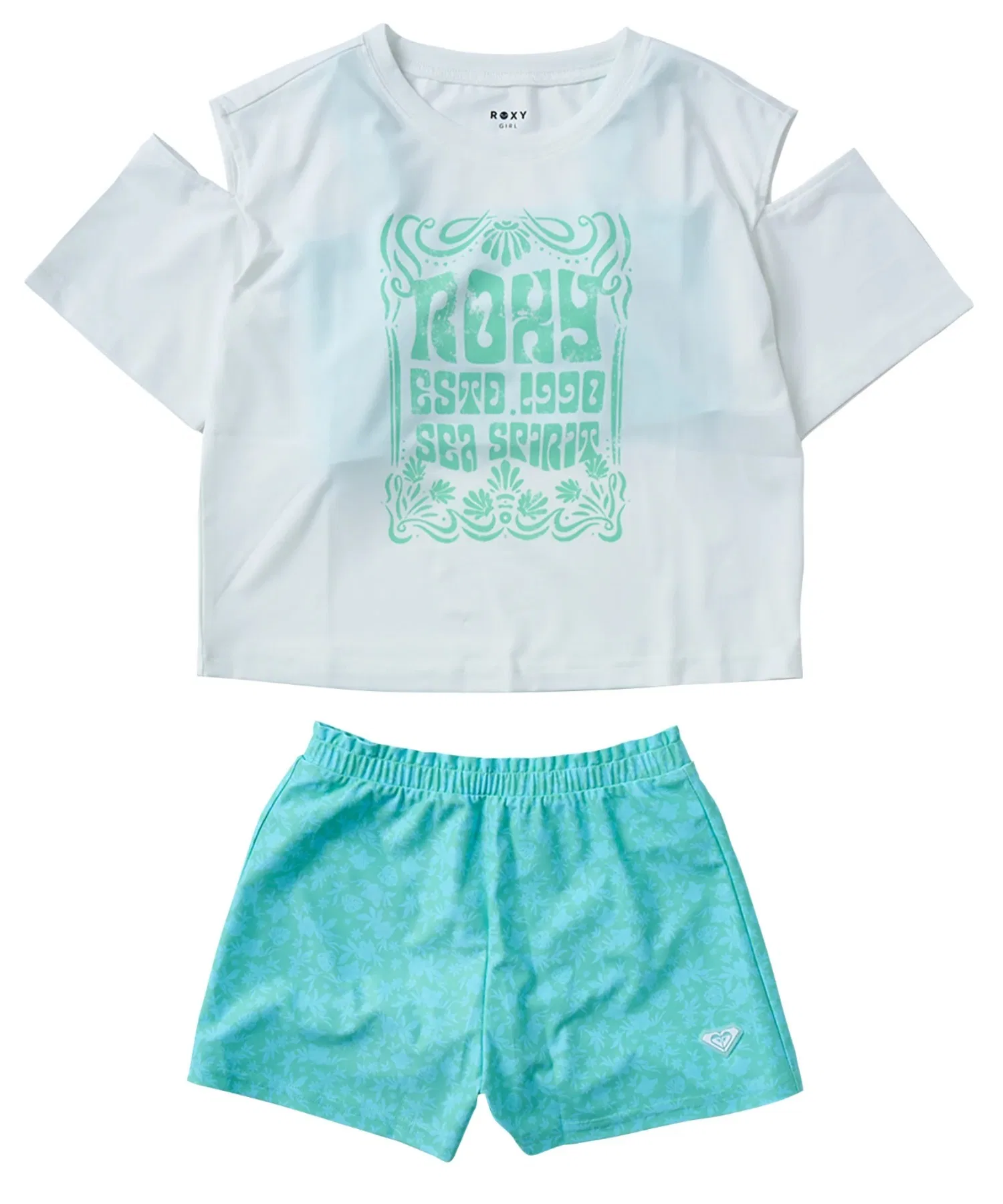 Комплект из трех предметов: футболка-рашгард MINI LA VIE / Roxy Kids, топ-бандо и кюлоты с эластичным поясом.