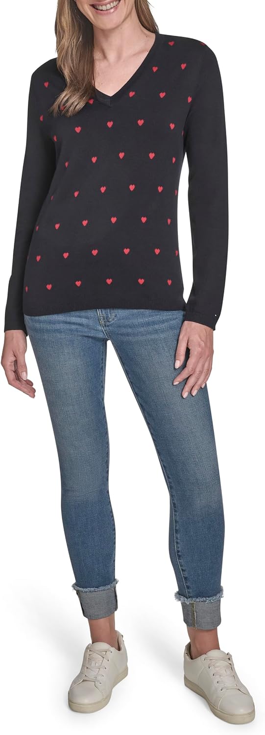 Женский хлопковый свитер Tommy Hilfiger с V-образным вырезом и длинными рукавами, принтом в виде сердца, Sky Captain/ Chili Pepper — фото 2