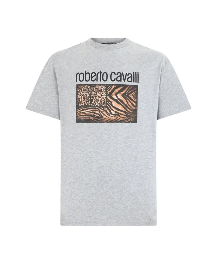 

Футболка с животным принтом, круглым вырезом и логотипом. Roberto Cavalli, серый