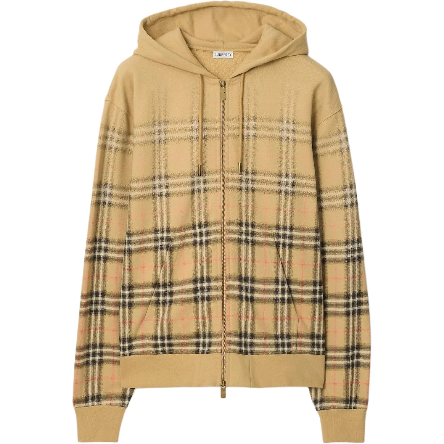 Худи Burberry с капюшоном на молнии в клетку, sandy бежевый