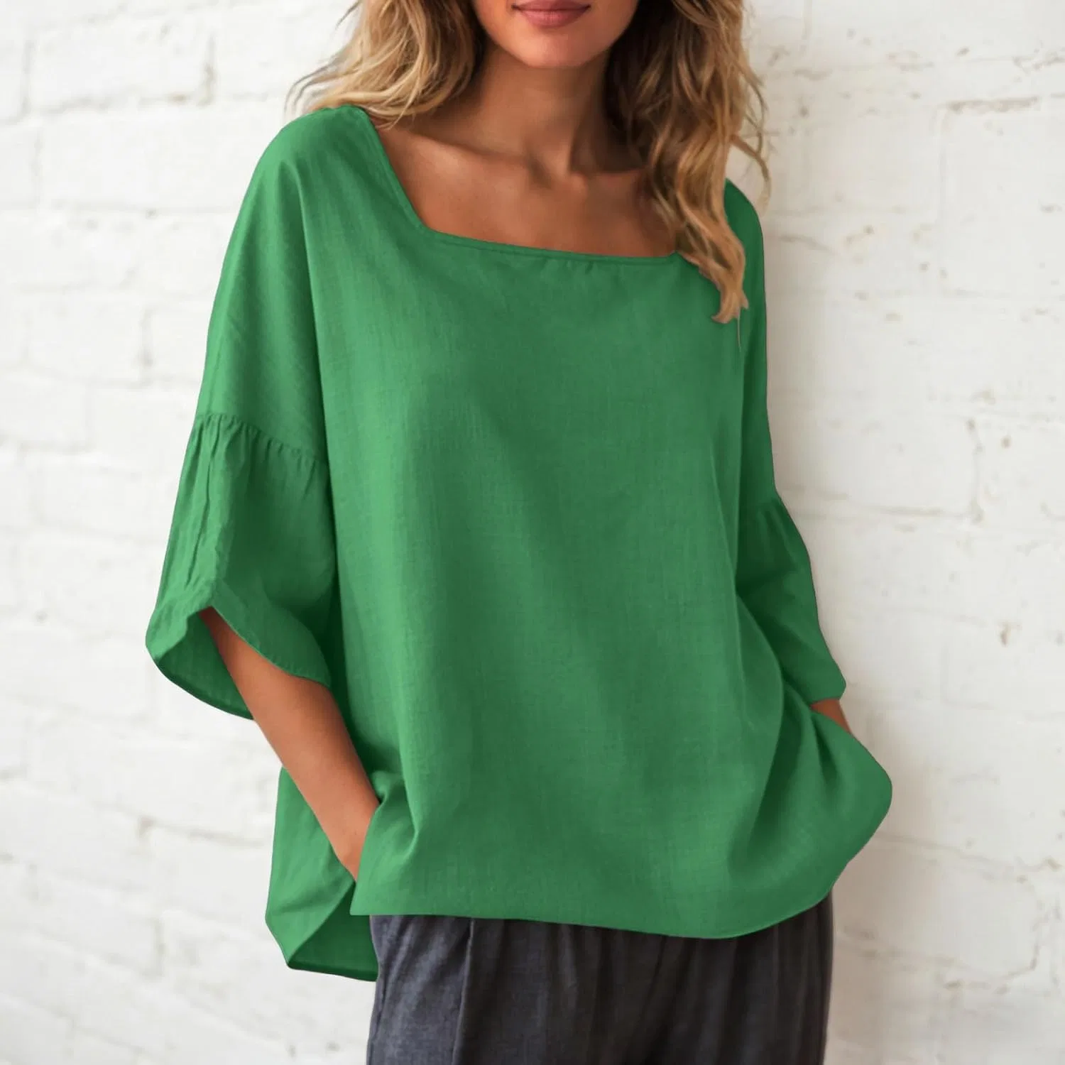 Футболка из хлопка и льна, женская, Oversize, зеленый — фото 2