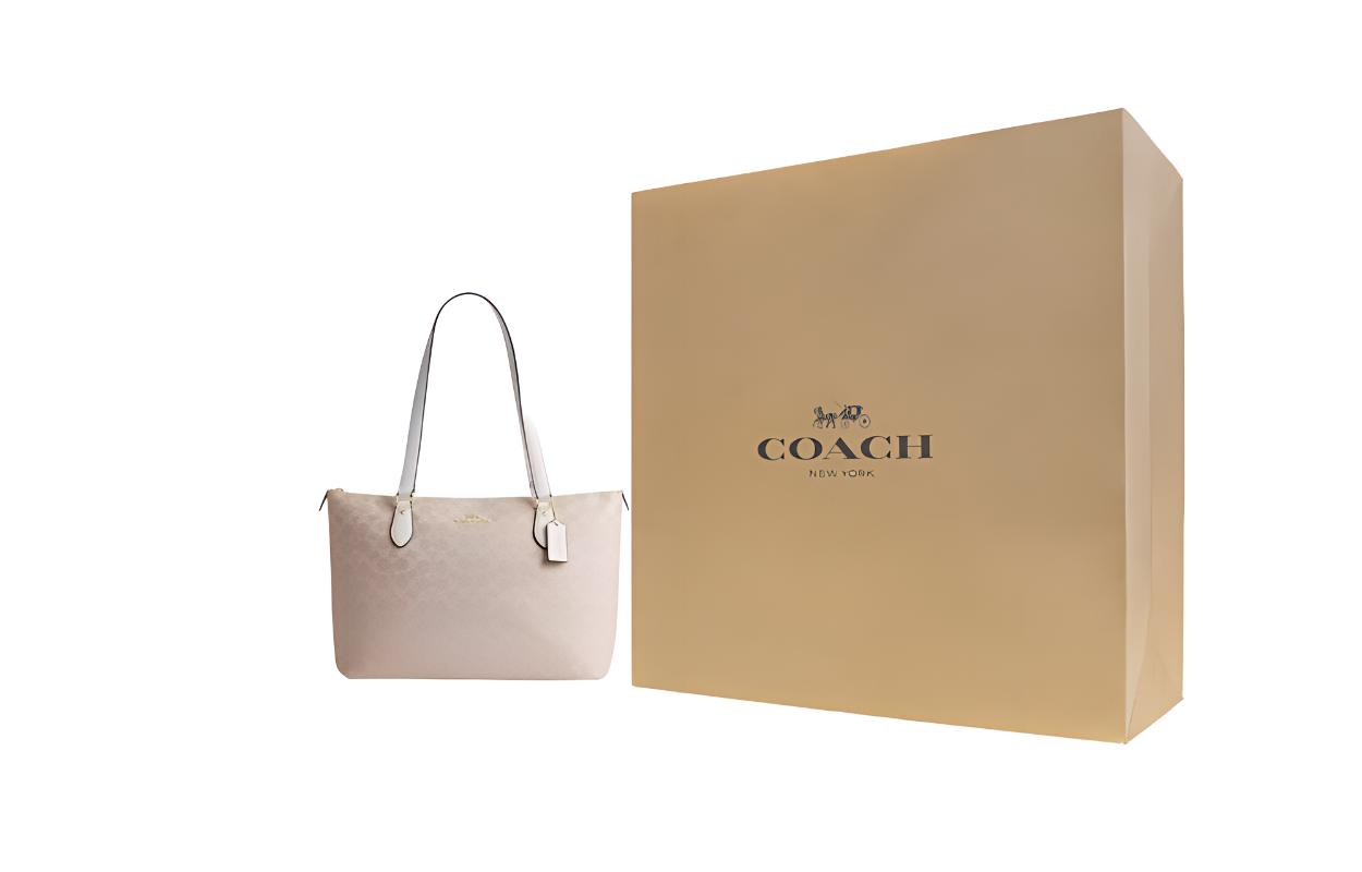 

COACH Покрытая галерейная холщовая сумка-шоппер через плечо большого размера для женщин серебряный песок с пепельно-коричневым