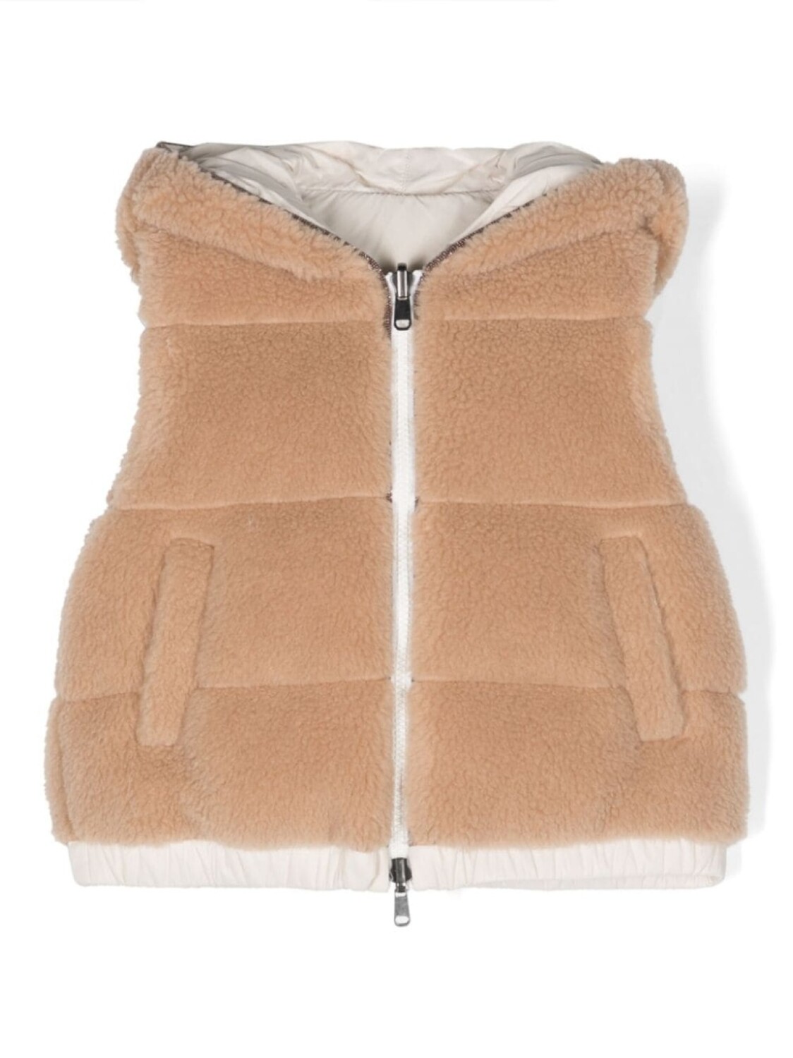 Жилет дутый на молнии с капюшоном Brunello Cucinelli Kids, нейтральный