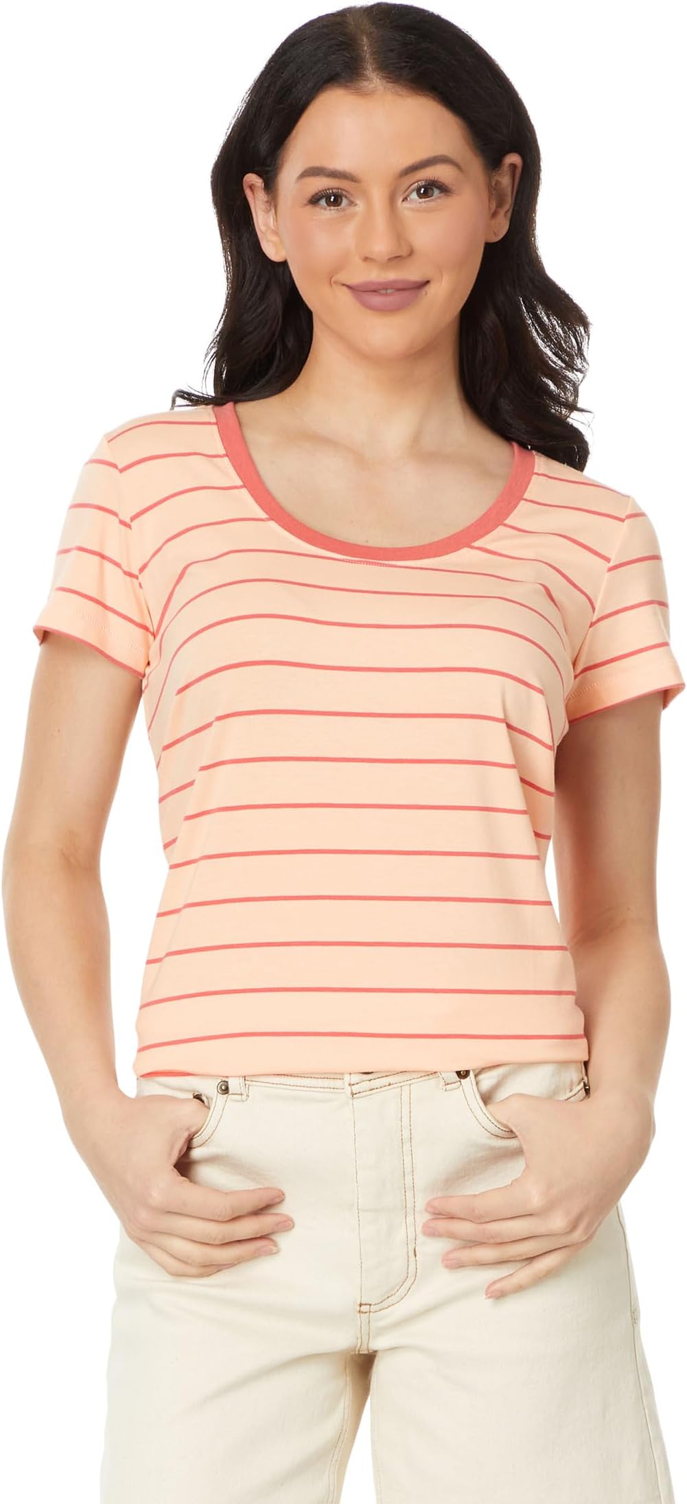 

Футболка L.L.Bean Soft Stretch Supima Tee Scoopneck Short-Sleeve Stripe, цвет Sunrise Peach/Sunlit Coral