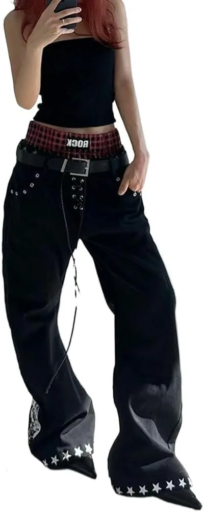 

Унисекс джинсы Y2K в стиле гранж и готика с двойным поясом и принтом Punk Rock Star GYPWRCR