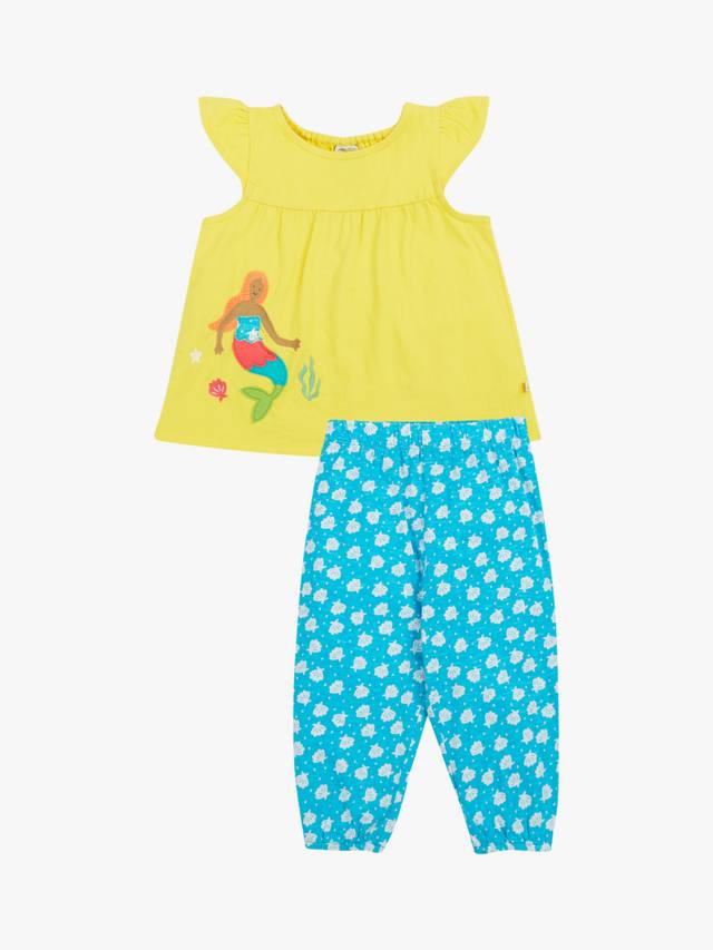 

Топ Isabetta с аппликацией из органического хлопка и леггинсы с принтом морских ракушек Frugi, Soft White/Blue/Yellow