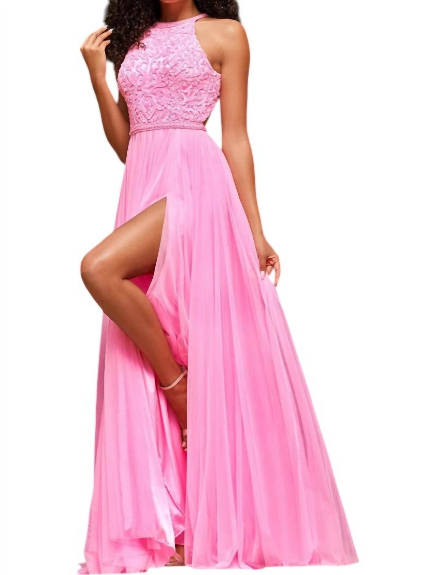 

Платье вечернее с разрезом и бретелями в карамельно-розовом цвете Sherri Hill