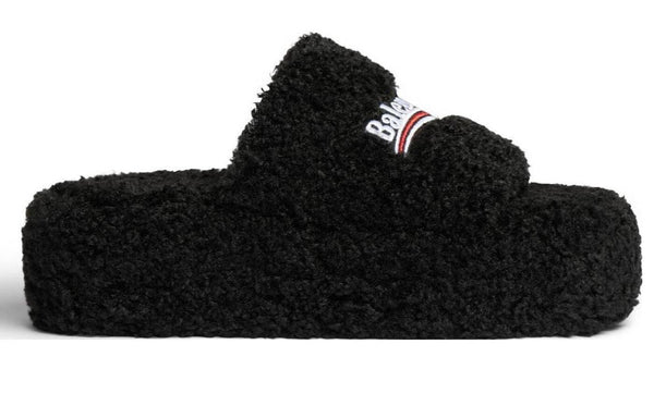 Тапочки furry platform sandals 'black fake shearling white and red political campaign embroideries' Balenciaga, черный — фото 2