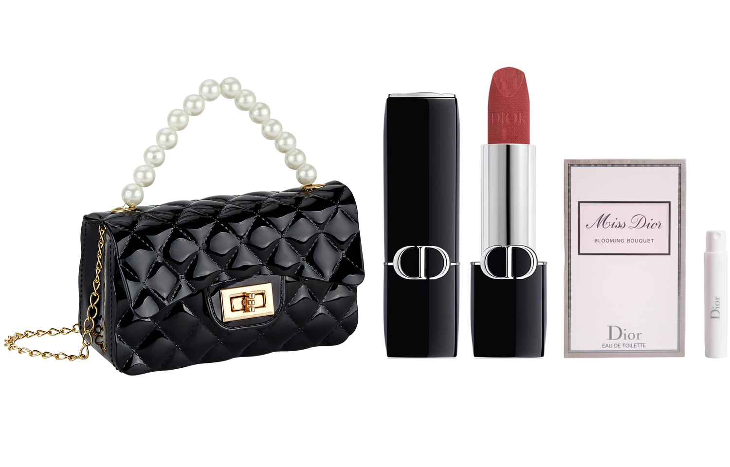 Подарочный набор Dior: мини-сумочка, пробник духов Miss Dior Blooming Bouquet и помада Rouge Dior #720, 3,5 г