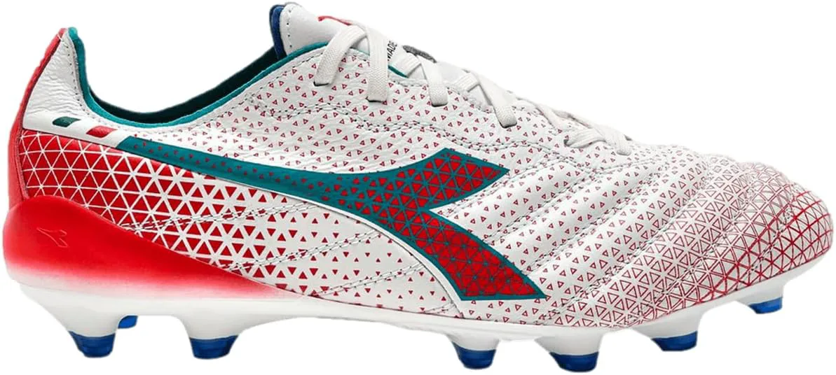 Футбольные бутсы Diadora Brasil Elite Tech GR ITA LPX для мужчин, жесткое покрытие - Сделано в Италии, ультра-мягкая премиальная кожа, современный дизайн Calcio, съемная стелька, белый/синий/красный — фото 2