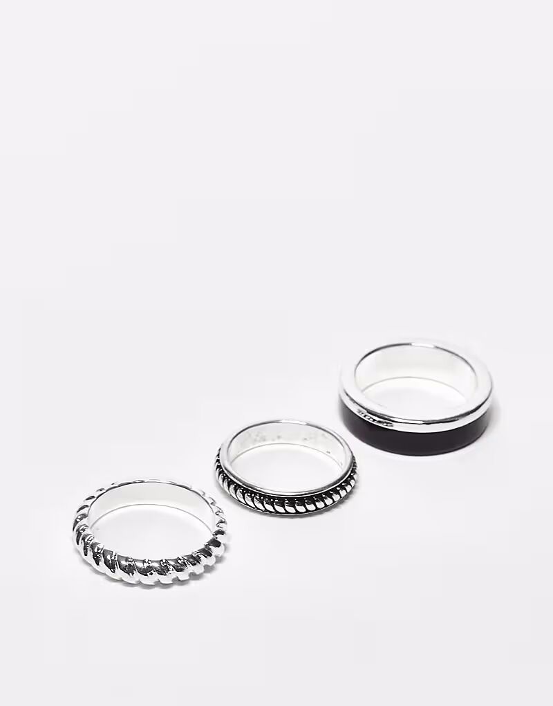 

Набор из 3 колец с черной эмалью и текстурой из серебра Asos Design