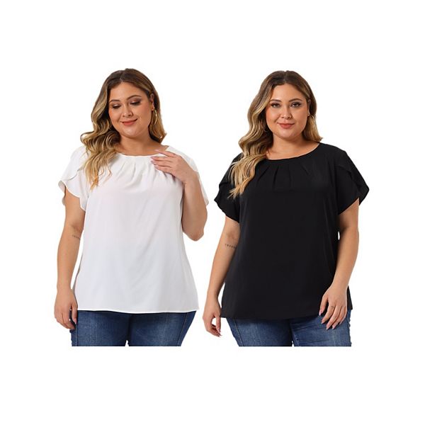 

2 блузки plus size для офиса с круглым вырезом и плиссировкой Agnes Orinda, White Black