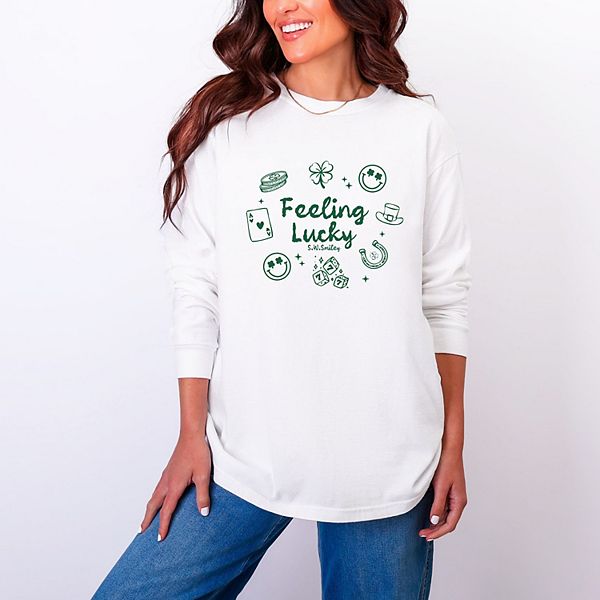 

SWSmiley feeling lucky - женская футболка с длинным рукавом и принтом, окрашенная в стиле garment dyed Simply Sage Market, White, Белый, SWSmiley feeling lucky - женская футболка с длинным рукавом и принтом, окрашенная в стиле garment dyed Simply Sage Mar