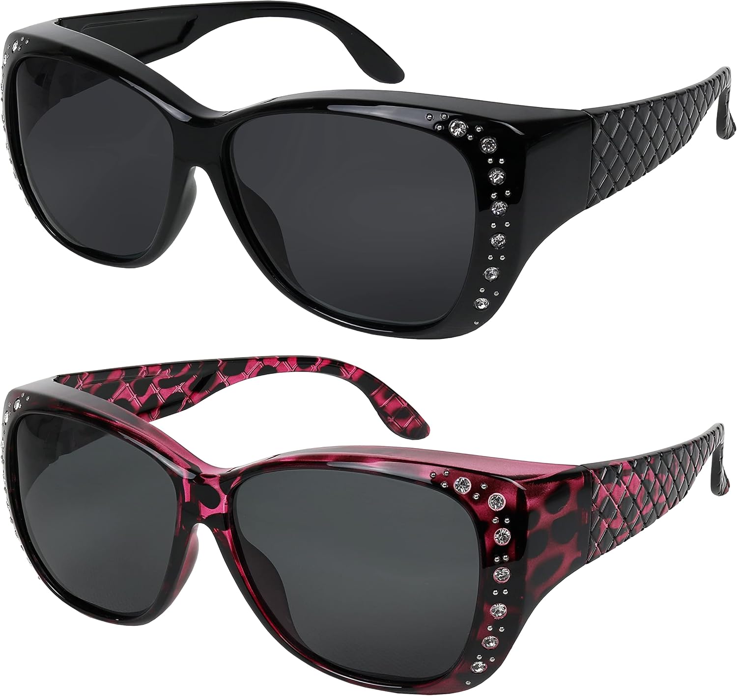 

Солнцезащитные очки, надеваемые поверх обычных очков для женщин, с защитой от УФ-излучения, поляризованные и с HD-изображением, надеваемые поверх обычных очков Yogo Vision, 2 Pack: Black and Purple Havana: Grey Lens