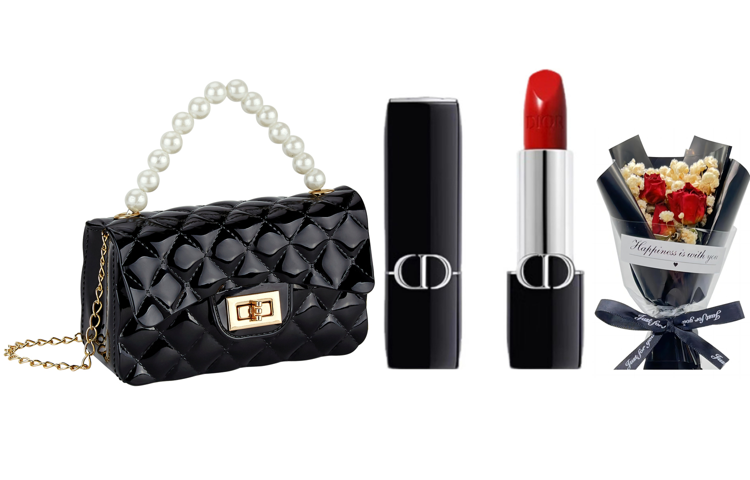 Подарочный набор Dior: помада для губ Rouge Dior Satin #999 + косметичка + букет из гипсофилы
