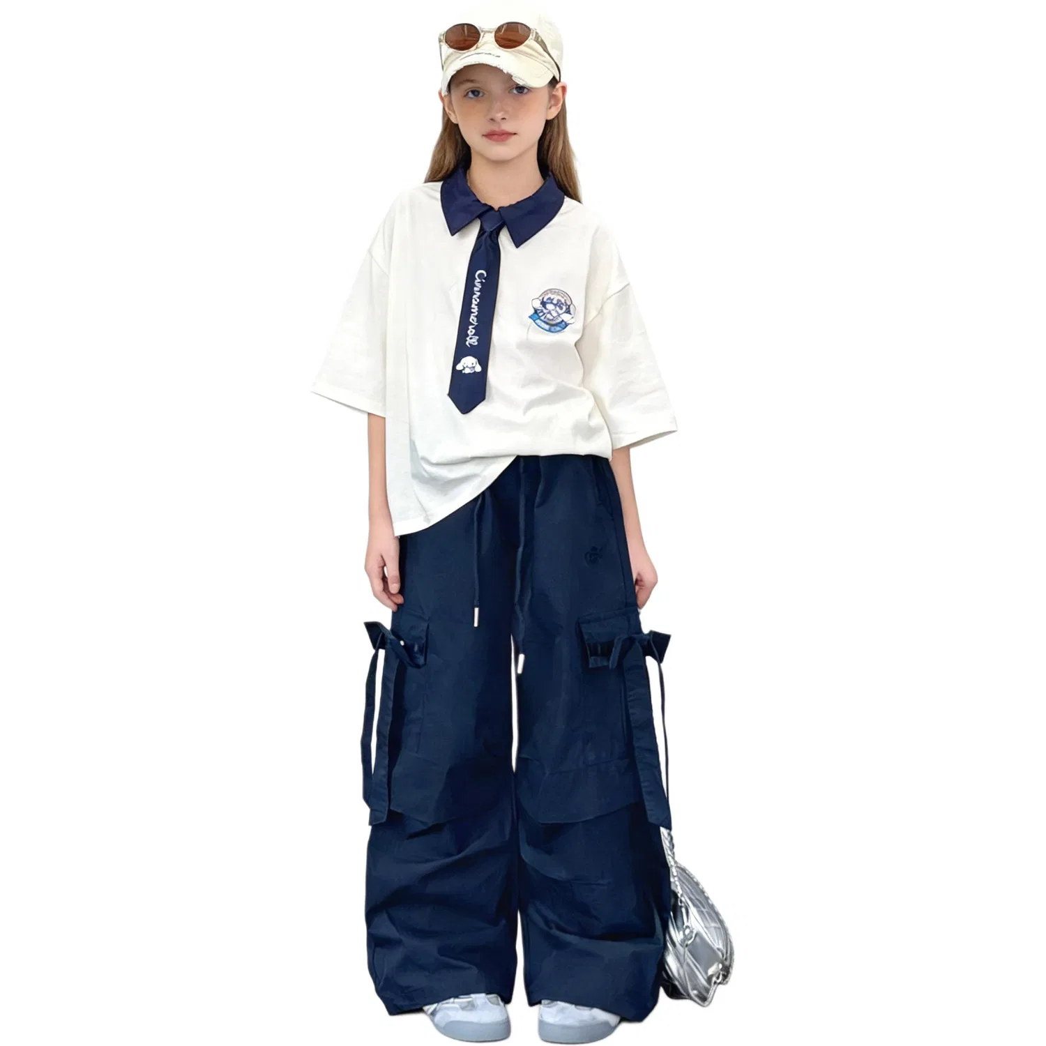Повседневная спортивная одежда для детей весна-осень Disney, White Short-Sleeved Shirt+Navy Blue Cargo Pants