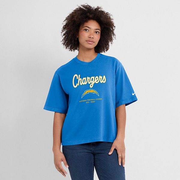 

Женская футболка Los Angeles Chargers Essential Script Boxy цвета пудрово-голубого Nike