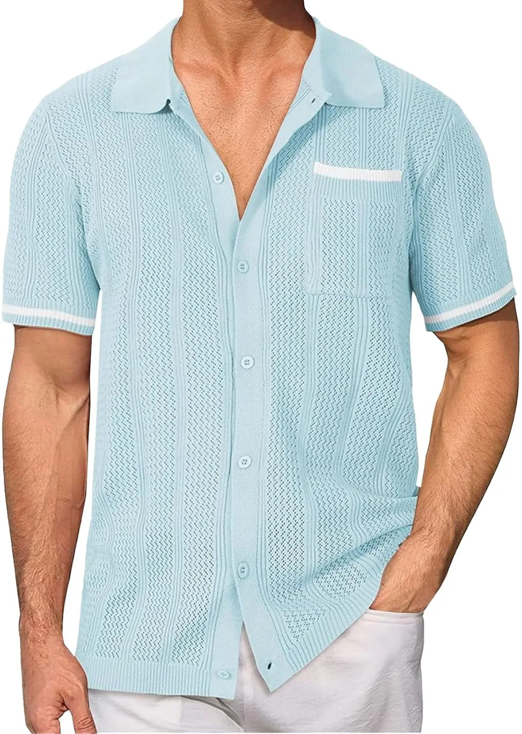 

Мужская вязаная рубашка-поло с коротким рукавом и нагрудным карманом