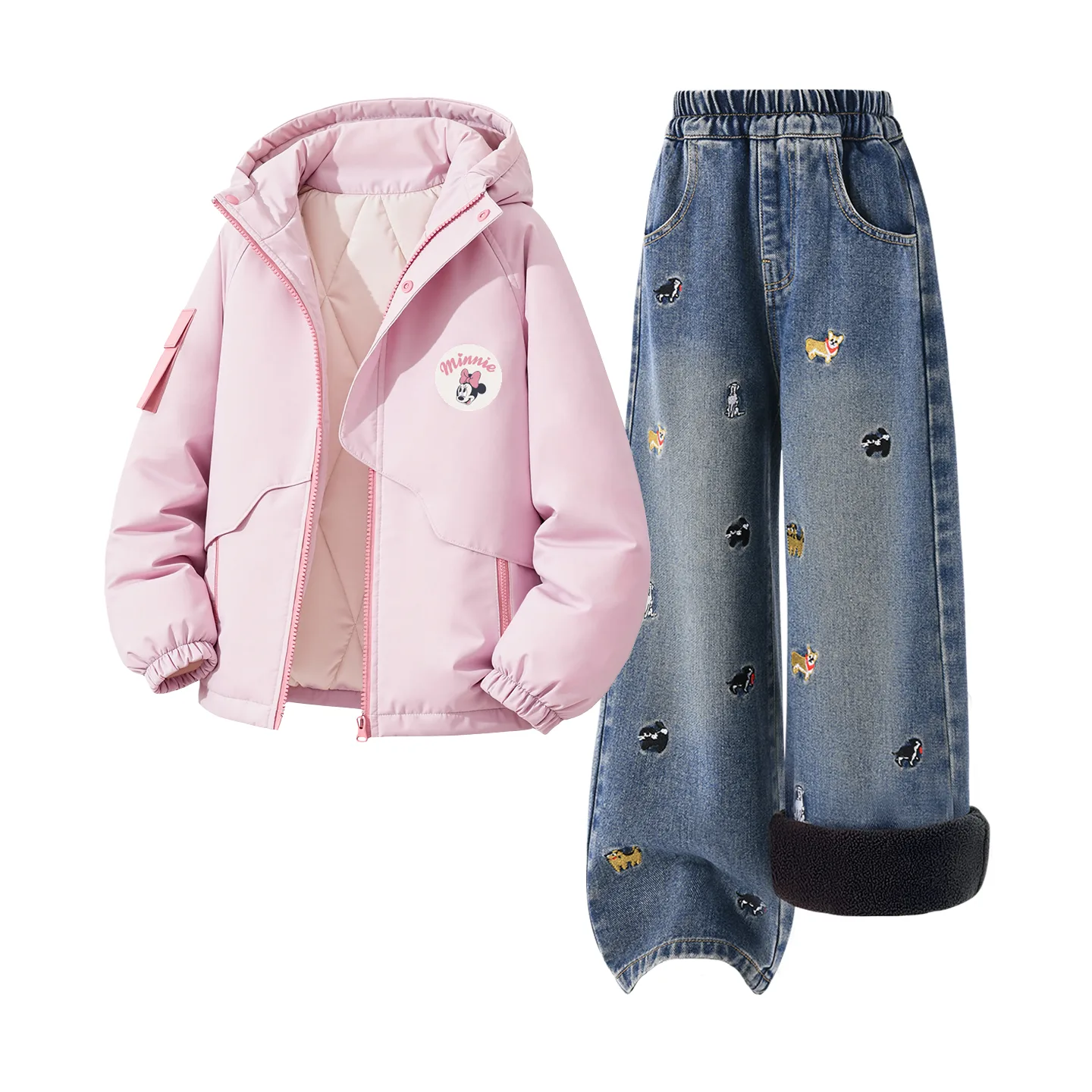 Детская повседневная худи с капюшоном Disney, [Thickened and Fleece-Lined]Dini Round Hook-and-Loop K Rose Pink+Solid Color Denim Blue