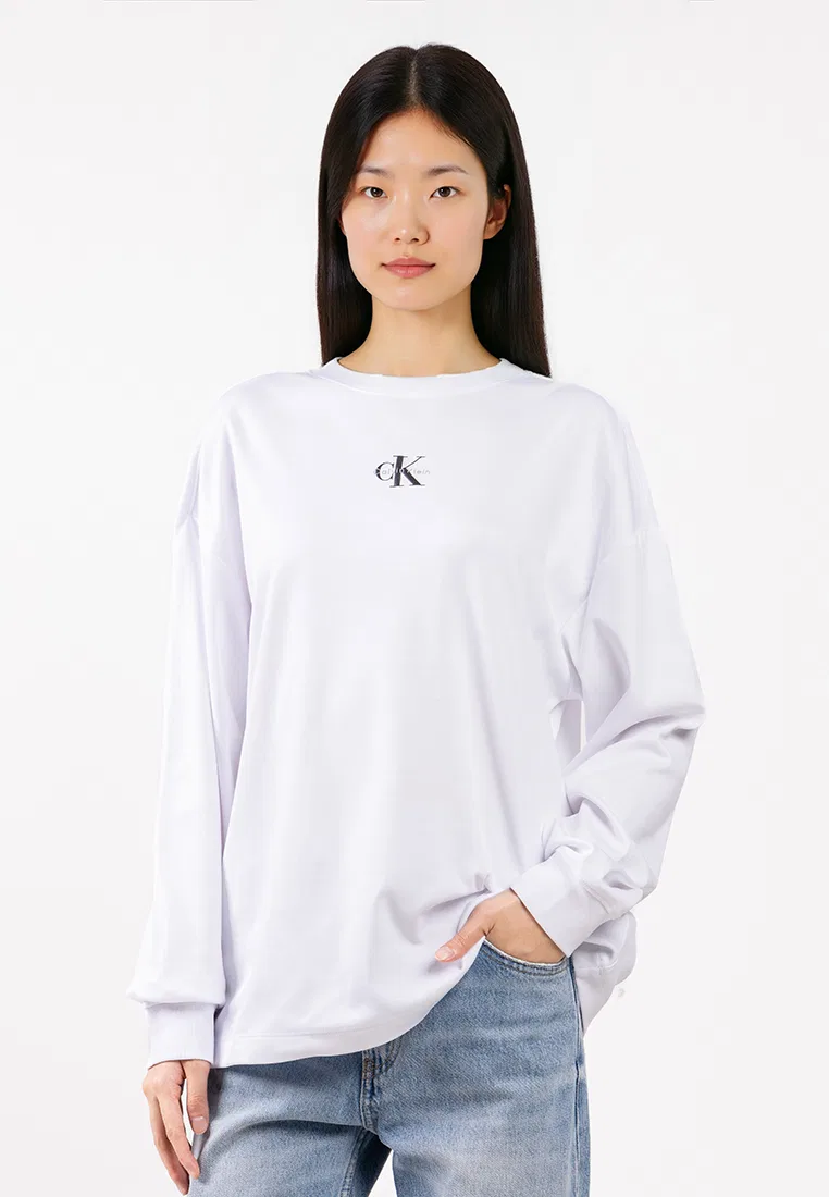 Футболка оверсайз с длинным рукавом, круглый вырез, Calvin Klein Jeans, белый