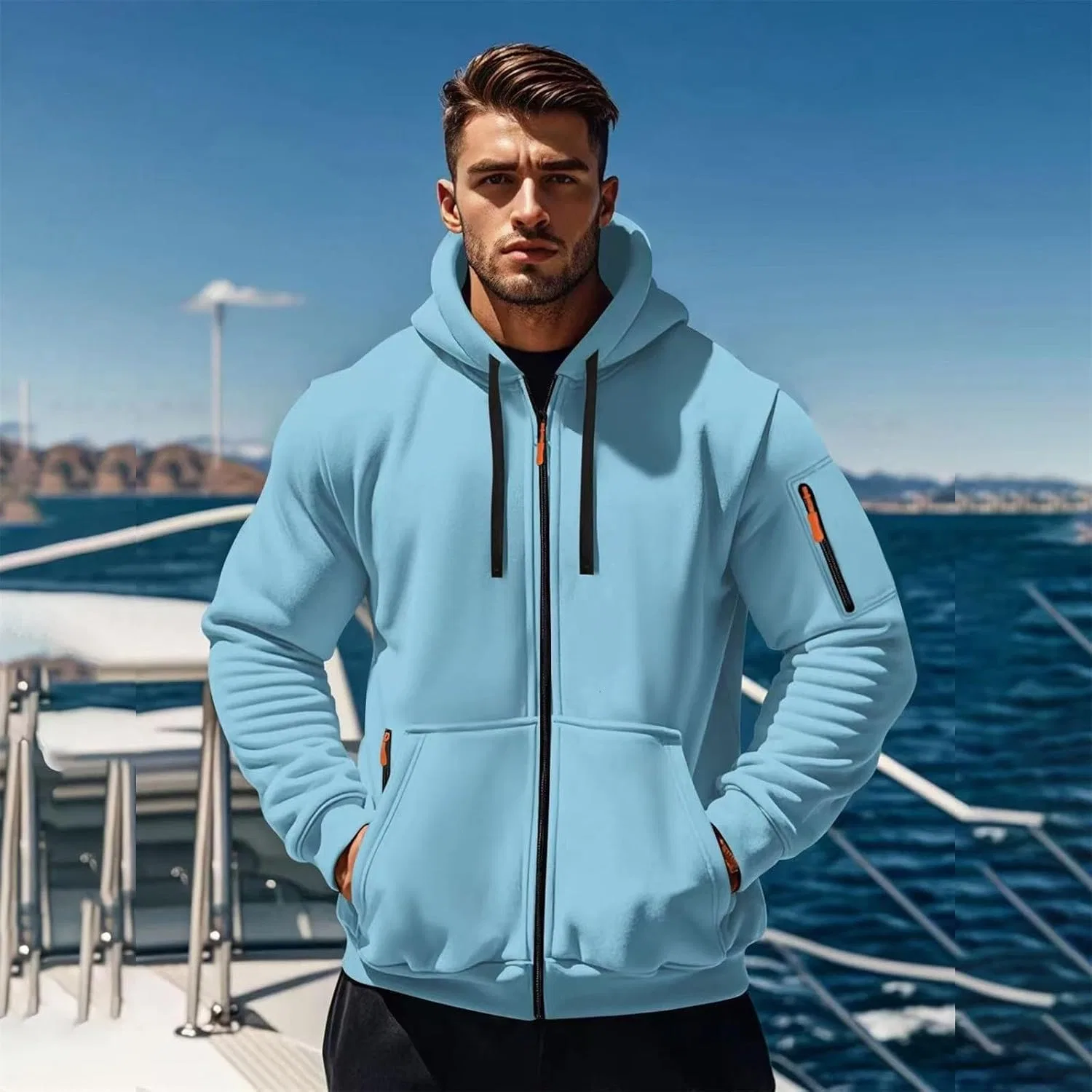 Мужская худи на молнии, вафельная ткань, Sky Blue — фото 3