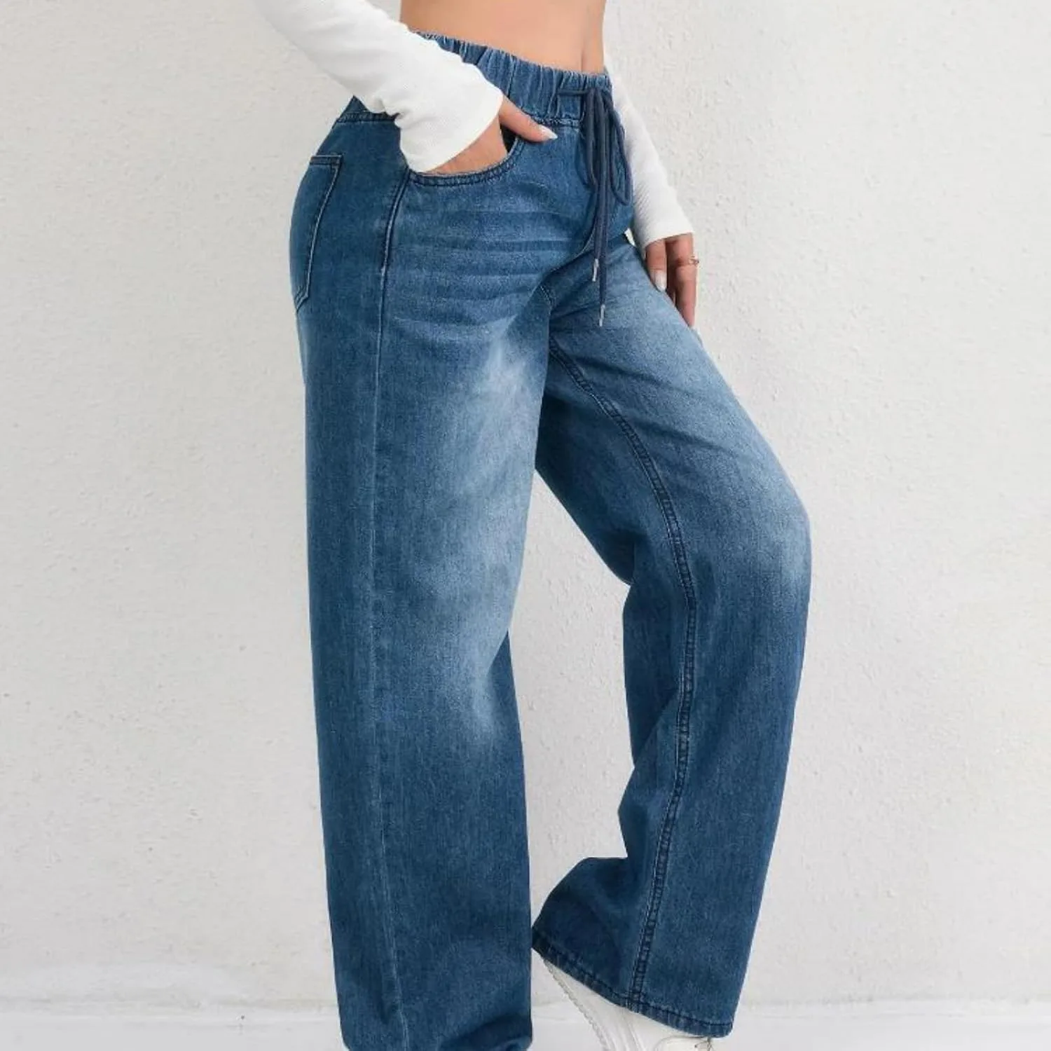 Женские джинсы Wide Leg с эластичным поясом и шнуровкой — фото 4