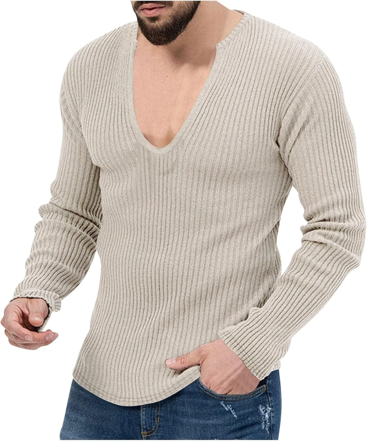 

Мужская футболка с длинным рукавом и V-образным вырезом, Slim Fit