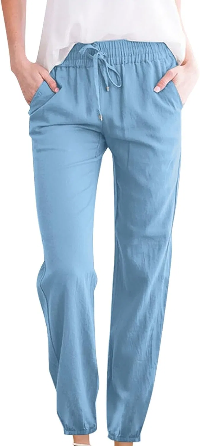 Брюки женские свободные прямые с высокой талией, Cotton Linen, A02_dark Blue