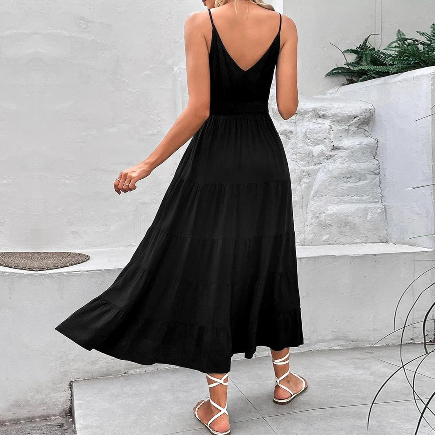 generic Летнее платье макси Sun Dresses для пляжа и отпуска, на тонких бретелях, с V-образным вырезом и открытой спиной, с разрезом, черное — фото 3
