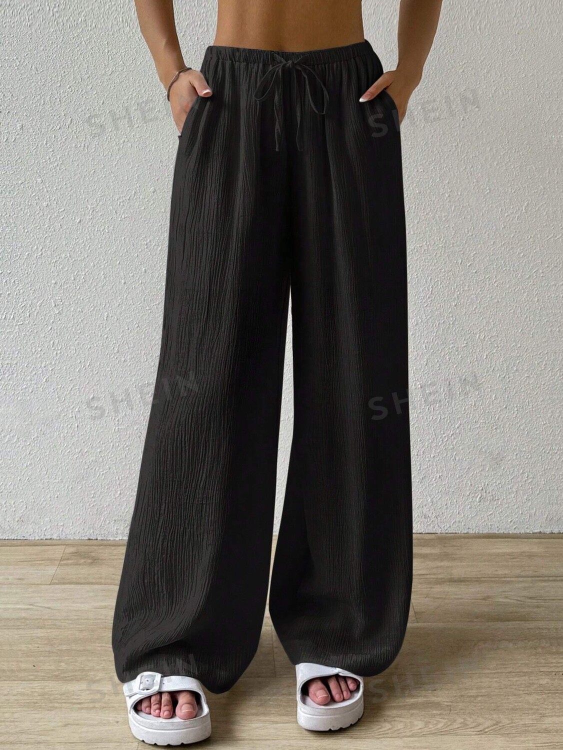 

EZwear Женские весенне-летние Однотонные вельветовые длинные брюки с широкими штанинами и завязками на талии Shein, черный
