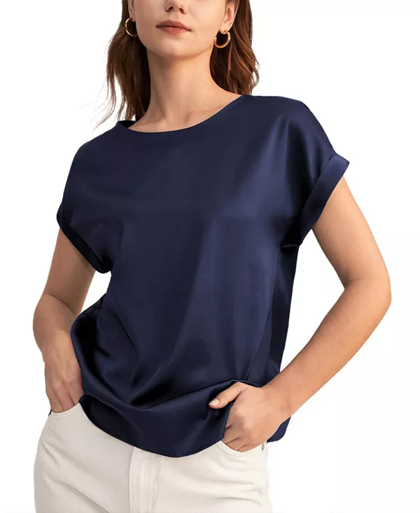 

Шелковая футболка с короткими рукавами и круглым вырезом Lilysilk, синий