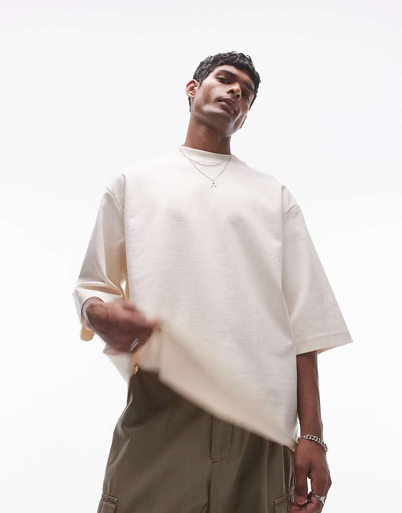 

Topman – плотная футболка премиум-класса свободного кроя с рукавами до локтя цвета экрю