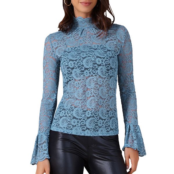 

Прозрачный топ с кружевом и длинными рукавами-колокол Inspire Chic, Blue