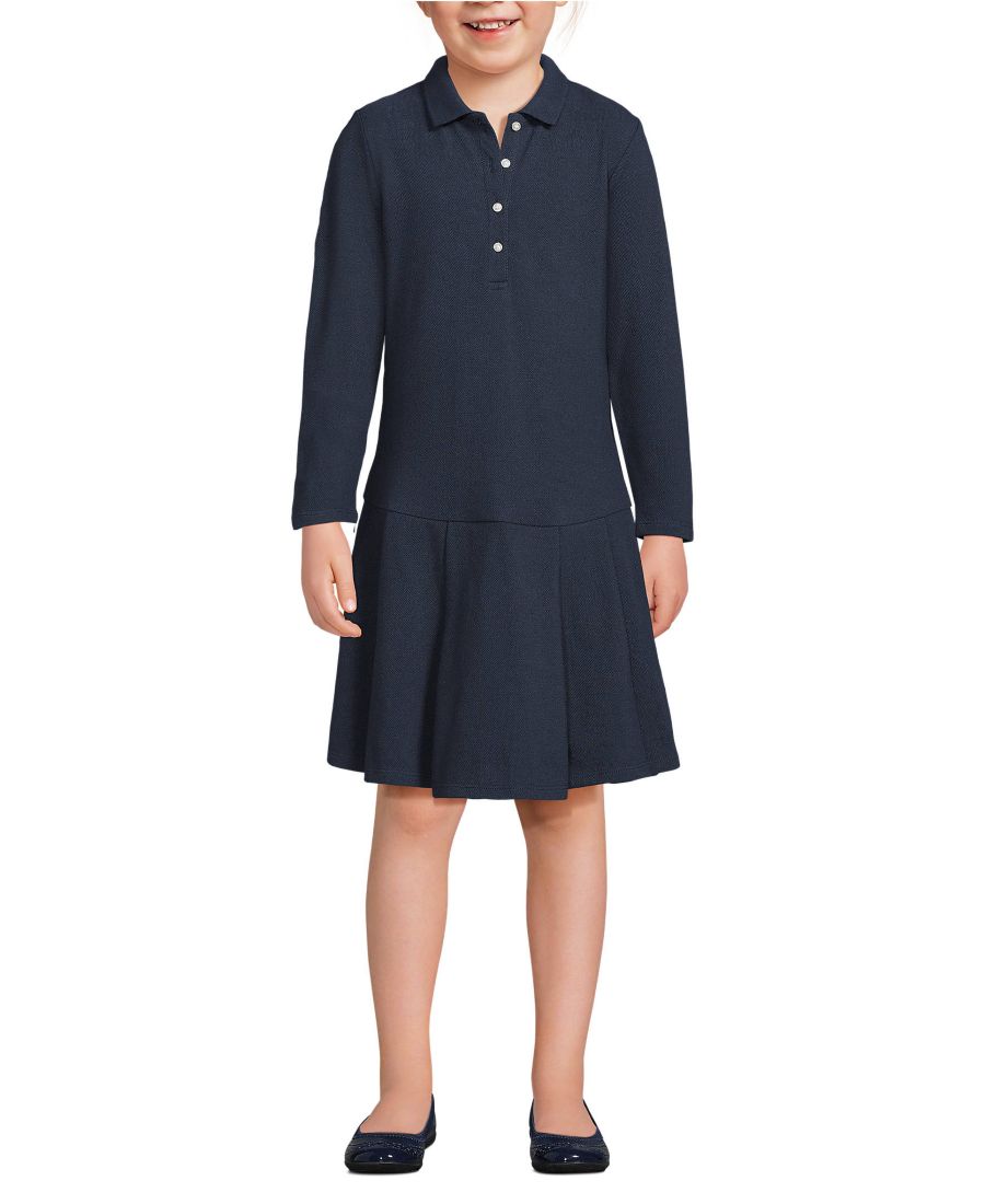 

Школьная форма для девочек: платье-поло с длинными рукавами, сетчатой плиссировкой и рукавами Lands' End, Classic navy