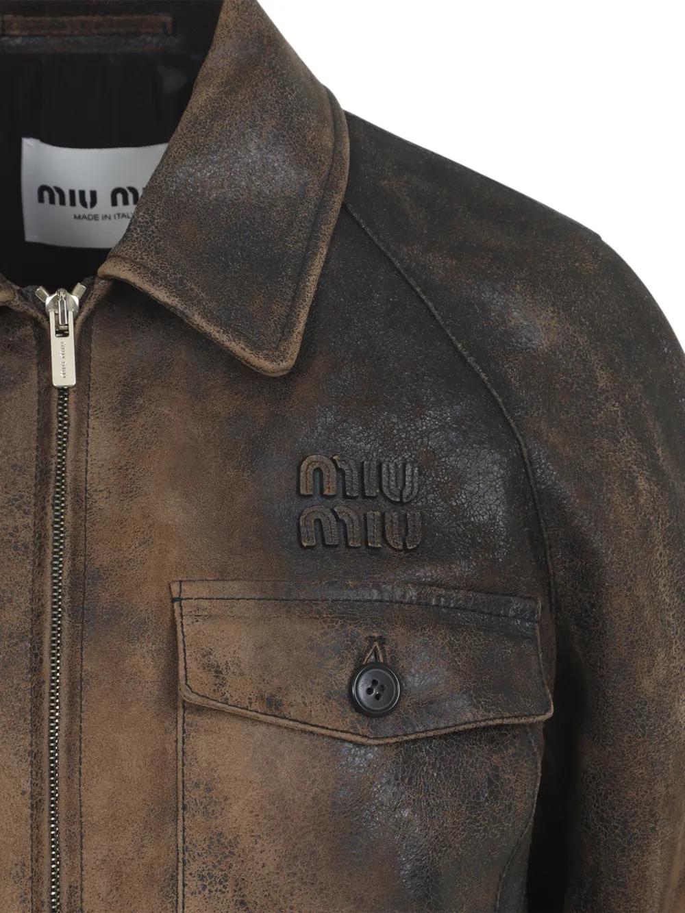 Кожаная куртка с логотипом на кармане Miu Miu, коричневый — фото 4