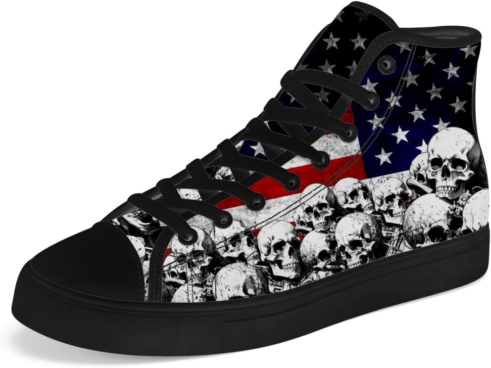 

Кеды Chebing Skull с высоким верхом для мужчин и женщин, с американским флагом, высокие холщовые туфли на шнуровке, повседневная обувь, подарок для папы и мамы, красный/синий