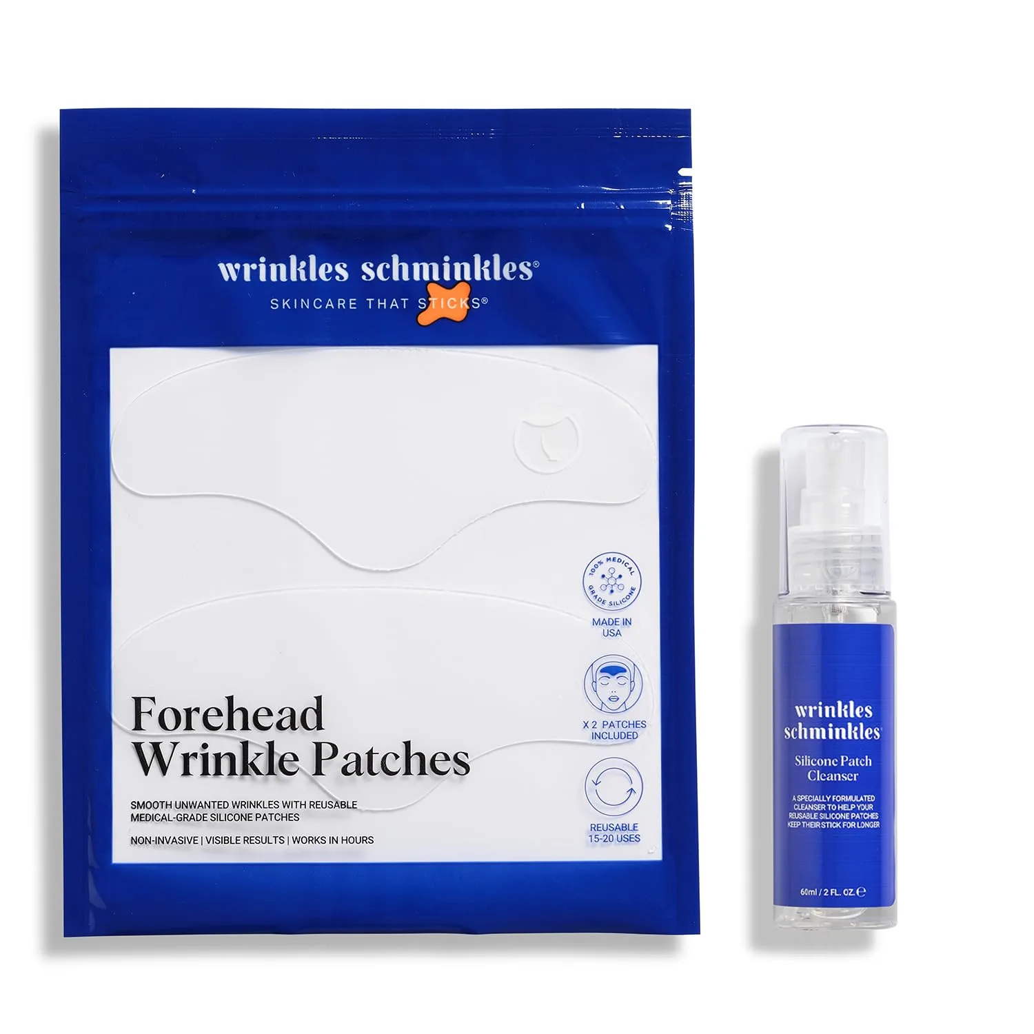 Wrinkles Schminkles патчи от морщин на лбу, 2 шт, многоразовые гипоаллергенные силиконовые подушечки + очиститель для патчей 60 мл 1 шт. (2 шт.)