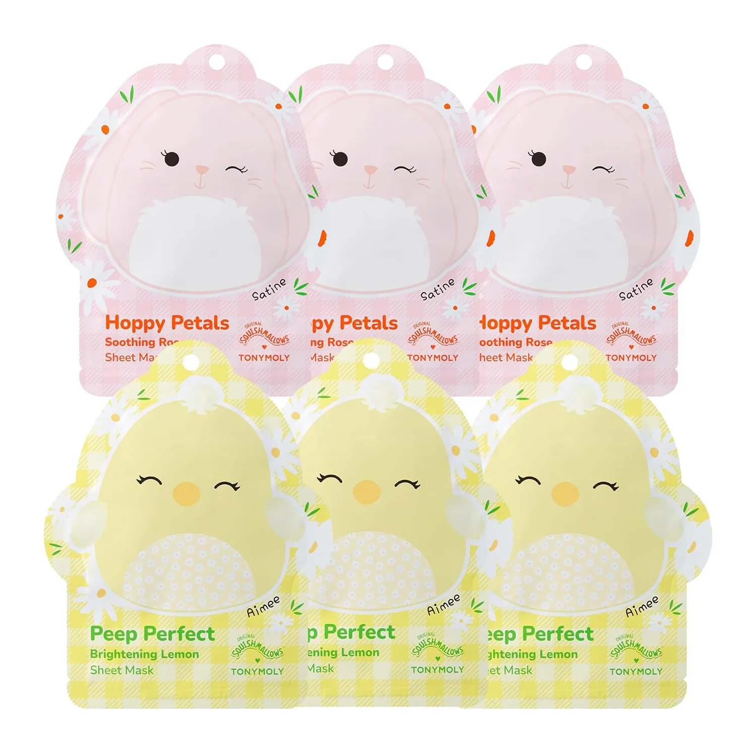 Набор TONYMOLY — X Squishmallows набор из 6 тканевых масок на Пасху - Aimee витамин C лимон + Satine ромашка роза - увлажняющие K-Beauty маски
