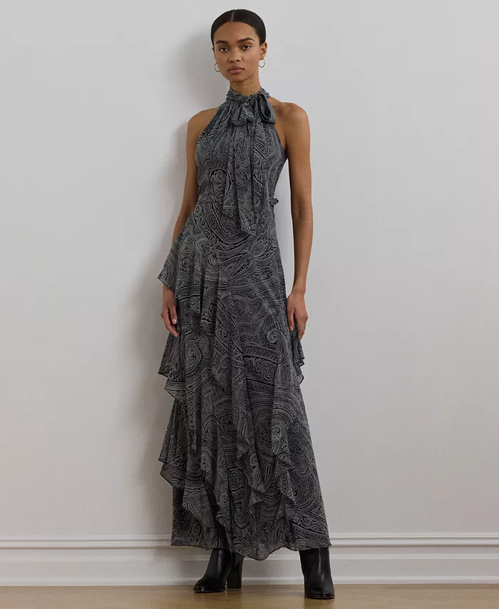 

Женское платье из жоржета с поясом, многоярусное, в стиле пейсли Lauren Ralph Lauren, синий