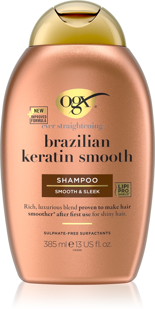 

Разглаживающий шампунь с бразильским кератином для блестящих и мягких волос Ogx, 385 мл