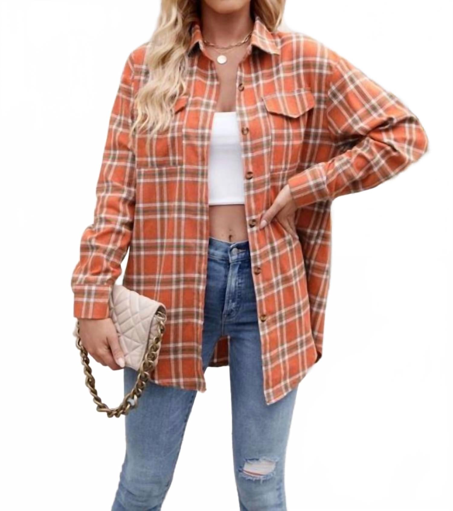 

Новая повседневная модная свободная рубашка в клетку с карманами в оранжевом цвете Lovesoft